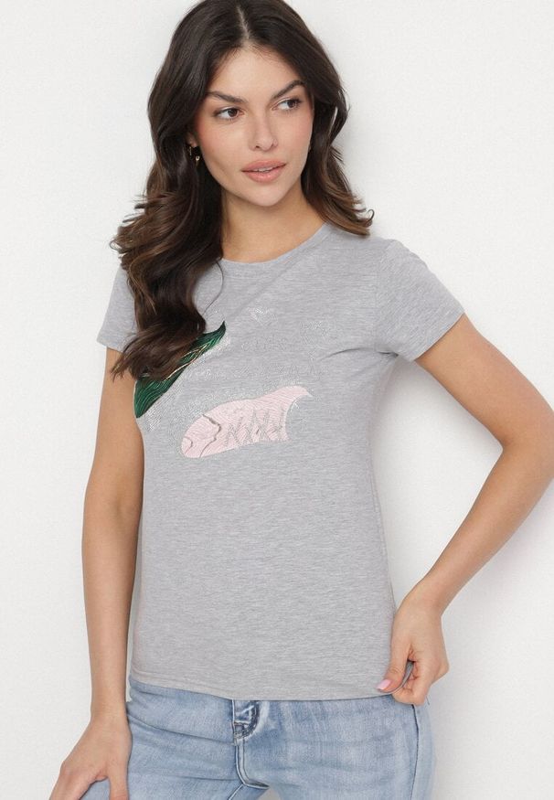 Born2be - Ciemnoszary Bawełniany T-shirt z Nadrukiem z Cyrkoniami Karissen. Okazja: na co dzień. Kolor: szary. Materiał: bawełna. Wzór: nadruk. Styl: klasyczny, casual, elegancki