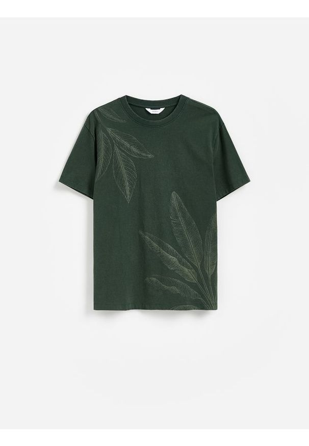 Reserved - T-shirt comfort z nadrukiem - ciemnozielony. Kolor: zielony. Materiał: bawełna, dzianina. Wzór: nadruk