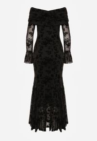 Born2be - Czarna Koktajlowa Sukienka VICES z Odkrytymi Ramionami i Welurowym Wzorem Drensyss. Kolor: czarny. Materiał: welur. Typ sukienki: z odkrytymi ramionami. Styl: wizytowy #2