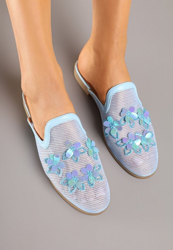Born2be - Niebieskie Siateczkowe Klapki Typu Mule z Kwiatami 3D Vilmoi. Okazja: na co dzień, na spacer. Kolor: niebieski. Materiał: jeans. Wzór: kwiaty. Sezon: lato. Styl: casual