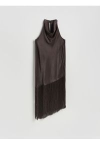 Reserved - Sukienka z frędzlami - ciemnobrązowy. Kolor: brązowy. Materiał: tkanina, wiskoza. Wzór: gładki. Typ sukienki: proste #1