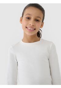 4f - 4F Longsleeve slim crop top gładki dziewczęcy - biały 152 (11-12 lat). Okazja: na co dzień. Kolor: biały. Materiał: dzianina, materiał, bawełna, elastan. Długość rękawa: długi rękaw. Długość: długie. Wzór: gładki. Sezon: lato. Styl: sportowy, casual