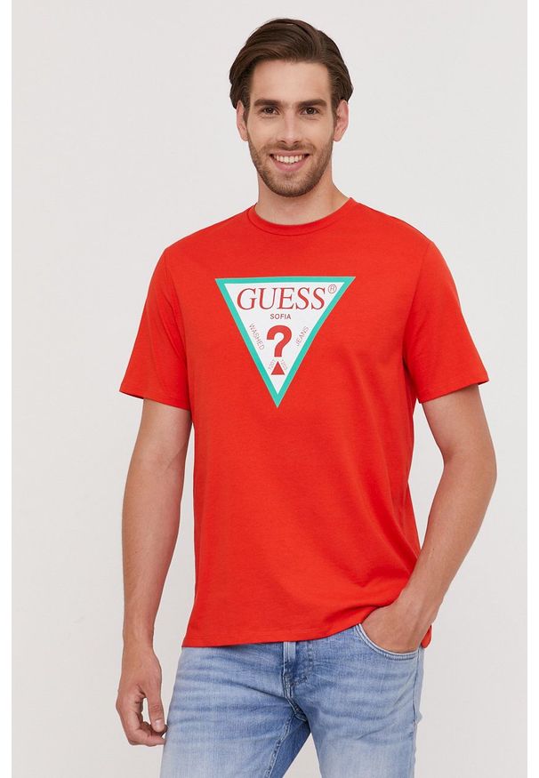 Guess - T-shirt z kolekcji urodzinowej. Okazja: na urodziny. Kolor: pomarańczowy. Wzór: nadruk. Styl: casual