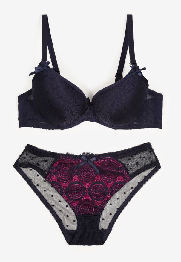 Born2be - Granatowy Komplet Koronkowy Usztywniany Biustonosz z Kokardkami i Majtki Figi Artelia. Kolor: niebieski. Materiał: koronka. Wzór: aplikacja