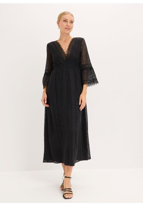 bonprix - Długa sukienka w optyce szydełkowej. Kolor: czarny. Materiał: koronka. Wzór: koronka. Długość: maxi