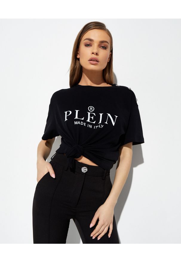 Philipp Plein - PHILIPP PLEIN - Czarny t-shirt Man Fit. Kolor: czarny. Materiał: bawełna. Wzór: aplikacja. Styl: elegancki