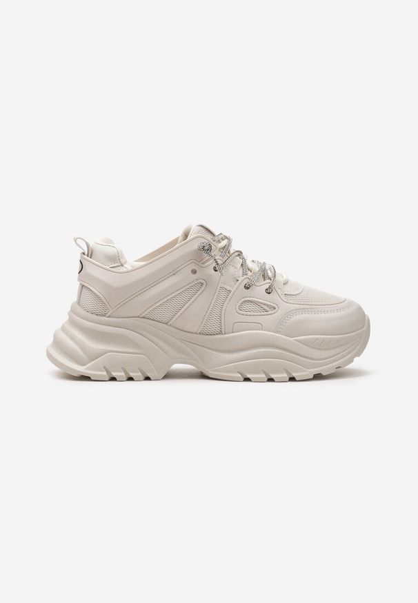 Renee - Beżowe Sneakersy na Nieregularnej Grubej Podeszwie z Cyrkoniami Adirka. Okazja: na co dzień. Kolor: beżowy. Materiał: jeans, bawełna