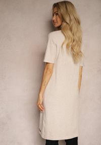 Renee - Beżowa T-shirtowa Sukienka z Wiskozowej Dzianiny z Ozdobnymi Guzikami Narossa. Okazja: na co dzień. Kolor: beżowy. Materiał: dzianina, wiskoza. Długość rękawa: krótki rękaw. Styl: elegancki, casual #4
