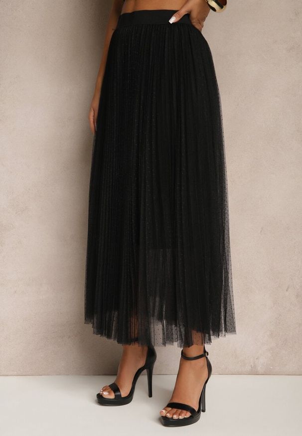 Renee - Czarna Rozkloszowana Spódnica z Tiulu w Kropki Folemia. Okazja: na co dzień. Kolor: czarny. Materiał: tiul. Wzór: kropki. Styl: elegancki, casual