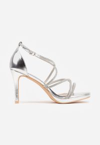 Born2be - Srebrne Sandały na Szpilce VICES Ozdobione Cyrkoniami Orinia. Zapięcie: pasek. Kolor: srebrny. Wzór: aplikacja. Obcas: na szpilce. Styl: elegancki #6