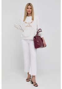 Trussardi Jeans - Trussardi bluza bawełniana damska kolor biały z aplikacją. Kolor: biały. Materiał: bawełna. Długość rękawa: długi rękaw. Długość: długie. Wzór: aplikacja #3