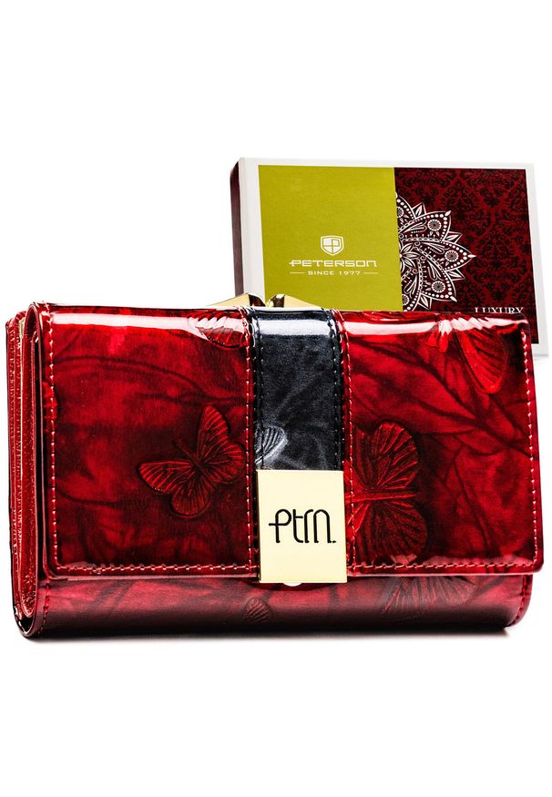 Portfel damski ze skóry naturalnej w czerwonym kolorze, zamykany biglem i zatrzaskiem - Peterson. Kolor: czerwony. Materiał: skóra