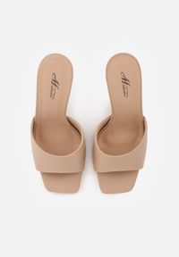 Renee - Ciemnobeżowe Klapki na Szpilce Ozdobione Kwadratowym Noskiem Eudanassa. Okazja: na co dzień, na ślub cywilny, na wesele. Kolor: beżowy. Materiał: jeans. Wzór: aplikacja. Sezon: lato. Obcas: na szpilce. Styl: casual #9