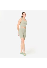 DOMYOS - Legginsy fitness damskie Domyos krótkie. Stan: podwyższony. Kolor: zielony. Materiał: poliamid, materiał, elastan. Długość: krótkie. Sport: fitness