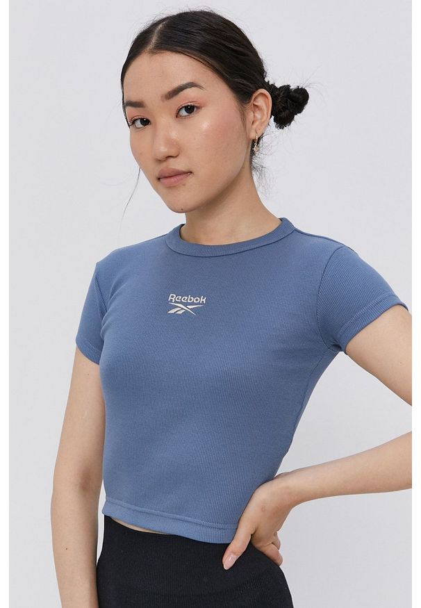 Reebok Classic T-shirt GS1697 damski. Okazja: na co dzień. Kolor: niebieski. Materiał: dzianina. Wzór: gładki. Styl: casual