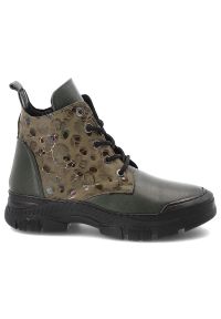 Khaki Botki Artiker Wygodne Obuwie Damskie. Okazja: na co dzień. Zapięcie: sznurówki. Kolor: zielony. Materiał: skóra. Styl: casual, elegancki