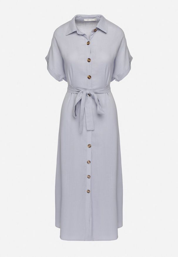 Born2be - Niebieska Koszulowa Sukienka z Lnem Wiskozą i Paskiem Lenaviel. Okazja: na co dzień. Kolor: niebieski. Materiał: wiskoza, len. Typ sukienki: koszulowe. Styl: casual, klasyczny