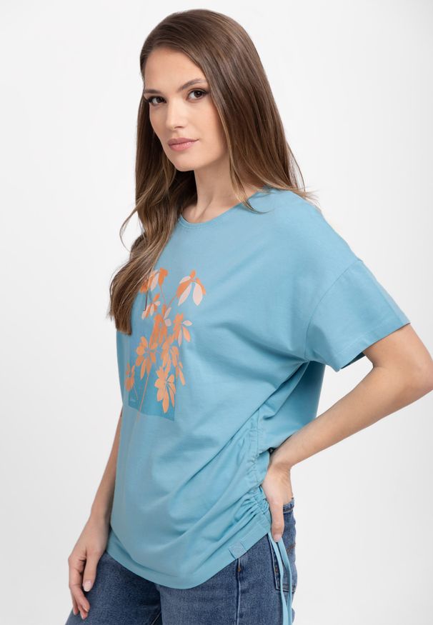 Volcano - Koszulka z motywem liści T-PLANTS. Kolor: turkusowy. Materiał: bawełna, materiał, elastan. Wzór: nadruk