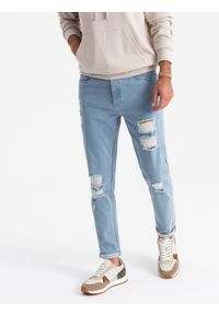 Ombre Clothing - Washowane męskie jeansowe spodnie TAPERED FIT z przetarciami – błękitne V1 - Rozmiar: XL. Kolor: niebieski. Materiał: jeans. Styl: rockowy