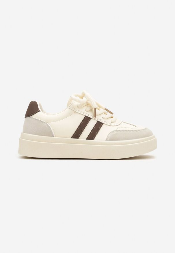 Renee - Beżowo-Brązowe Sznurowane Sneakersy na Platformie Ozdobione Paskami Tialise. Zapięcie: pasek. Kolor: beżowy. Wzór: aplikacja. Obcas: na platformie