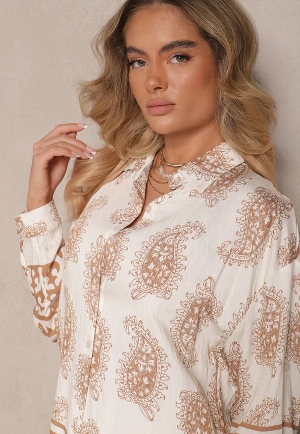 Renee - Biało-Brązowy Komplet z Wiskozy Zdobiony Printem Paisley Koszula i Spodnie Zolleva. Kolor: brązowy. Materiał: wiskoza. Wzór: aplikacja, paisley, nadruk