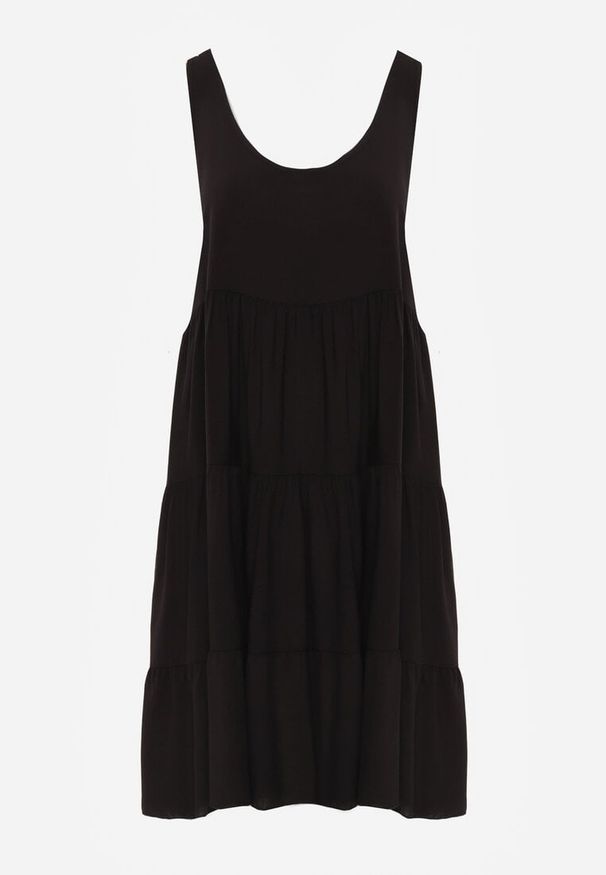 Renee - Czarna Sukienka z Bawełny o Rozkloszowanym Kroju Ozdobiona Falbankami Tessah. Okazja: na co dzień. Typ kołnierza: kołnierz z falbankami. Kolor: czarny. Materiał: bawełna. Wzór: aplikacja. Styl: elegancki, klasyczny, casual