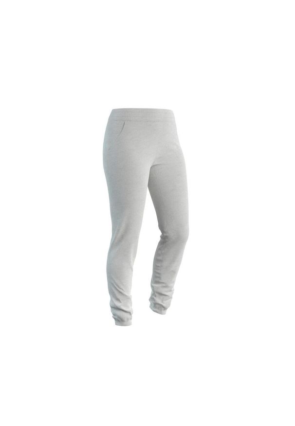 DOMYOS - Spodnie dresowe damskie Domyos Gym & Pilates 500 Slim. Stan: podwyższony. Kolor: szary. Materiał: bawełna, materiał, poliester, elastan. Wzór: ze splotem. Sport: joga i pilates