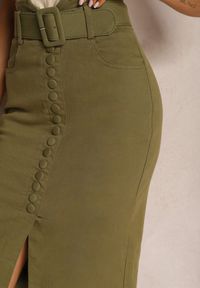Renee - Zielona Jeansowa Spódnica Ołówkowa Midi z Guzikami i Rozcięciem Jackiesa. Kolor: zielony. Materiał: jeans #4