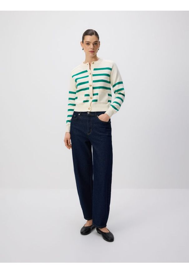 Reserved - Bawełniany kardigan w paski - zielony. Kolor: zielony. Materiał: bawełna. Wzór: paski