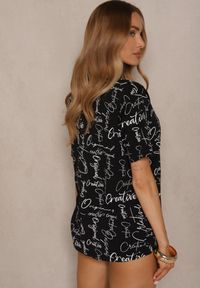 Renee - Czarny Bawełniany T-shirt o Kroju Oversize z Ozdobnym Nadrukiem Aveneli. Okazja: na co dzień. Kolor: czarny. Materiał: bawełna. Wzór: nadruk. Styl: elegancki, casual #3