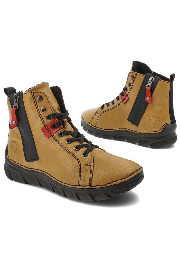 Żółte Botki Rieker Ocieplane Obuwie Damskie. Okazja: na co dzień. Zapięcie: sznurówki. Kolor: żółty. Materiał: skóra ekologiczna, materiał. Szerokość cholewki: normalna. Styl: casual, sportowy