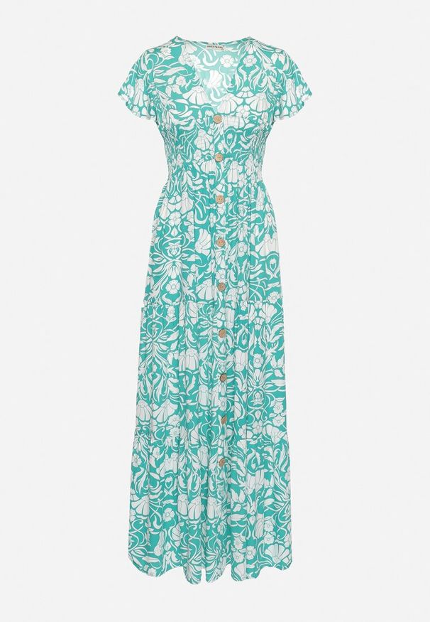 Born2be - Miętowa Rozkloszowana Sukienka Maxi z Luźnym Rękawem w Kwiatowy Print Oxeria. Kolor: miętowy. Wzór: nadruk, kwiaty. Sezon: lato. Typ sukienki: rozkloszowane. Długość: maxi