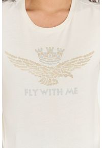 Aeronautica Militare - AERONAUTICA MILITARE Kremowy t-shirt damski z orłem wykonanym z dżetów. Kolor: kremowy. Materiał: bawełna
