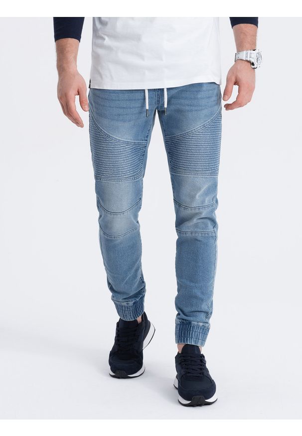 Ombre Clothing - Spodnie męskie joggery jeansowe z przeszyciami - niebieskie V2 - Rozmiar: S. Kolor: niebieski. Materiał: jeans