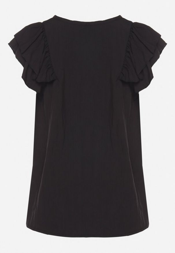 Born2be - Czarna Bluzka z Wiskozą Ozdobiona Falbankami Divestra. Okazja: na co dzień. Typ kołnierza: kołnierz z falbankami. Kolor: czarny. Materiał: wiskoza. Wzór: aplikacja. Sezon: lato. Styl: elegancki, casual