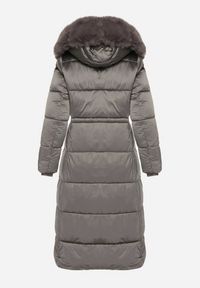 Born2be - Szara Długa Kurtka Puchowa z Pikowanymi Przeszyciami i Kapturem z Futrem Zevea. Okazja: na co dzień, na spacer. Kolor: szary. Materiał: puch, futro. Długość: długie. Styl: casual, elegancki #6