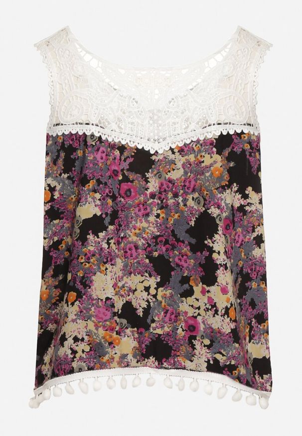 Born2be - Czarno-Fioletowy Wiskozowy Top z Koronkowym Dekoltem i Tasiemką z Pomponami Kiorita. Okazja: na co dzień. Kolor: czarny. Materiał: wiskoza, koronka. Sezon: wiosna, lato. Styl: elegancki, casual