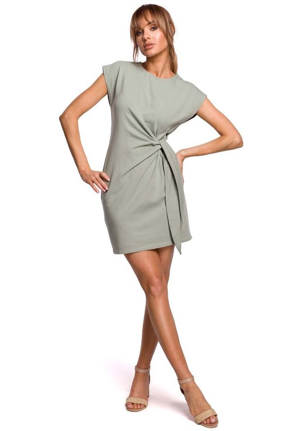 MOE - Prosta Mini Sukienka z Supłem - Pistacjowa. Kolor: zielony. Materiał: bawełna, elastan. Typ sukienki: proste. Długość: mini