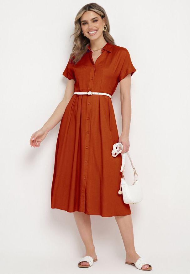 Born2be - Pomarańczowa Koszulowa Sukienka z Lnem i Wiskozą Ircilla. Okazja: na spacer. Kolor: pomarańczowy. Materiał: wiskoza, len. Długość rękawa: krótki rękaw. Sezon: lato. Typ sukienki: koszulowe