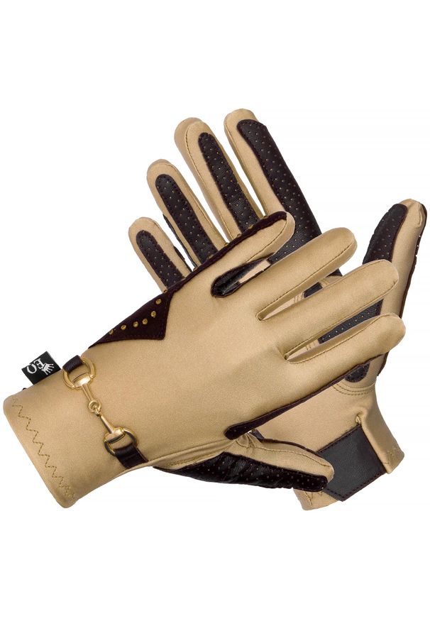 EQUESTRIAN QUEEN - Rękawiczki jeździeckie damskie EQ.QUEEN Trangan. Kolor: wielokolorowy, żółty, brązowy. Materiał: skóra, materiał, lycra. Wzór: aplikacja. Sport: jeździectwo