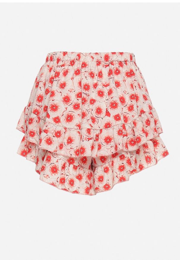 Born2be - Beżowo-Czerwone Szorty Spódnica o Luźnym Kroju z Ozdobnymi Falbankami Ebilinia. Kolor: beżowy. Materiał: jedwab, materiał. Styl: elegancki