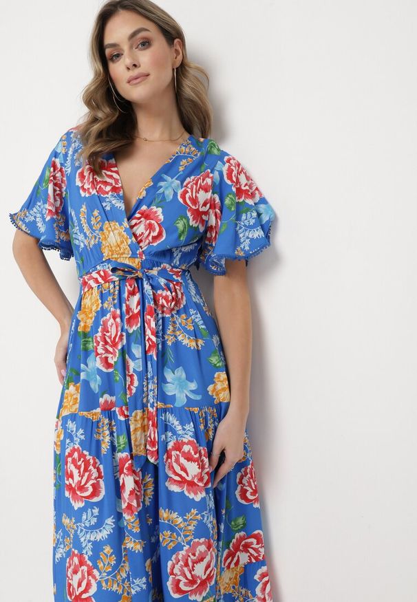 Born2be - Niebieska Sukienka Maxi z Gumką w Talii z Szerokimi Rękawami i Kwiatowym Printem Nodriala. Okazja: na imprezę. Kolor: niebieski. Wzór: nadruk, kwiaty. Sezon: lato. Długość: maxi