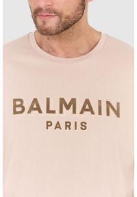 Balmain - BALMAIN Beżowy t-shirt z aksamitnym logo flock and foil. Kolor: beżowy #6