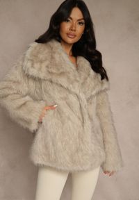 Renee - Beżowa Dwurzędowa Kurtka Futerko Oversize Nenalla. Okazja: na co dzień. Kolor: beżowy. Materiał: futro. Styl: casual #2