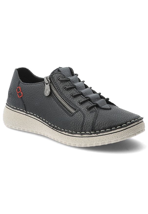 Półbuty damskie Rieker, cholewka ze skóry naturalnej o ziarnistej fakturze z sznurowaniem i bocznym zamkiem, niebieskie, 50965-14. Okazja: na co dzień. Zapięcie: zamek. Kolor: niebieski. Materiał: skóra. Szerokość cholewki: normalna. Wzór: aplikacja. Styl: casual, klasyczny