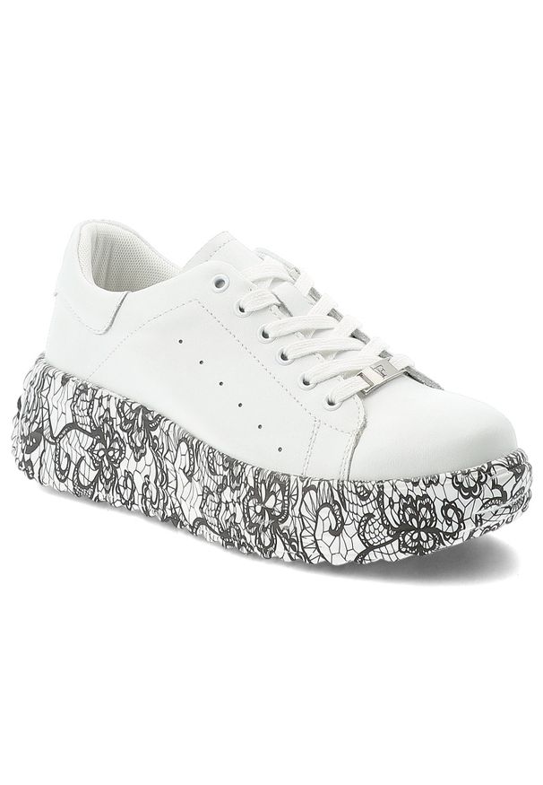 Sneakersy damskie Filippo, cholewka skóra naturalna licowa perforowana sznurowanie klasyczne niski fason gruba podeszwa z kontrastowym nadrukiem, bia. Okazja: na co dzień. Zapięcie: sznurówki. Kolor: biały. Materiał: skóra. Szerokość cholewki: normalna. Wzór: nadruk. Obcas: na platformie