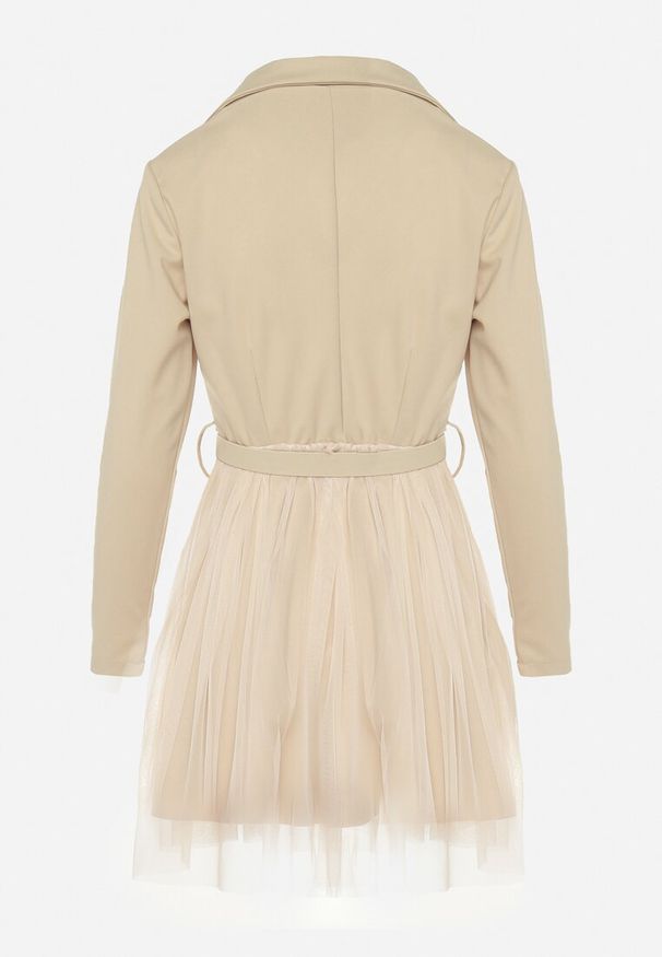 Born2be - Jasnobeżowa Kopertowa Sukienka Mini z Paskiem i Tiulem na Dole Anaida. Kolor: beżowy. Materiał: tiul. Wzór: aplikacja. Typ sukienki: kopertowe. Długość: mini