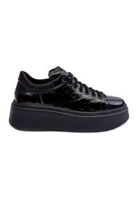 Lemar Damskie Buty Sportowe Lakierowane na Platformie Czarne Milonia. Zapięcie: sznurówki. Kolor: czarny. Materiał: lakier. Obcas: na platformie #1