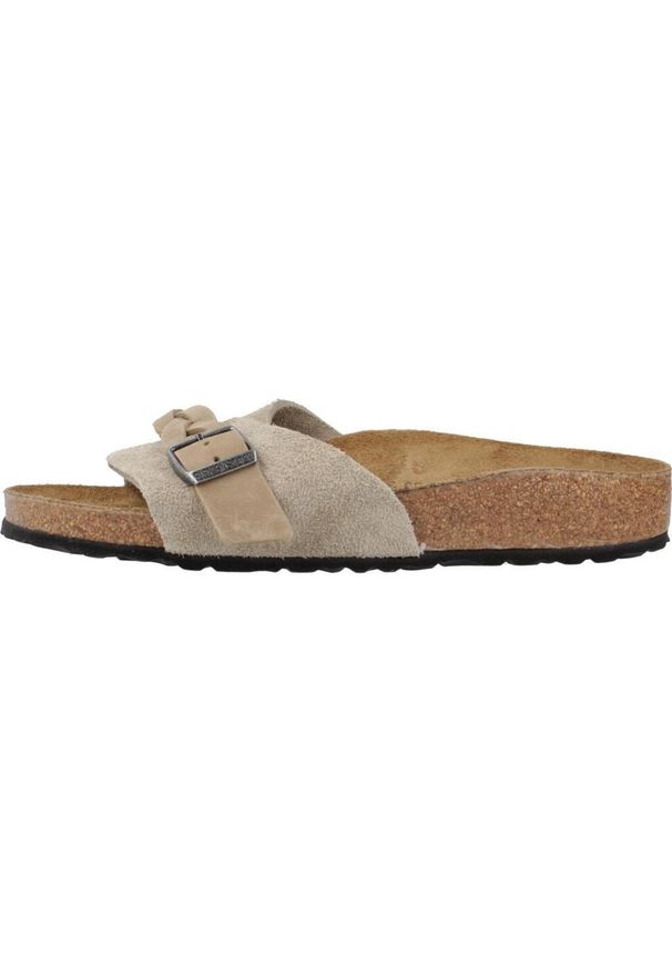 Klapki damskie Birkenstock Oita Braided Taupe Suede Calz S. Kolor: beżowy, brązowy. Materiał: skóra, syntetyk, materiał, tkanina, zamsz