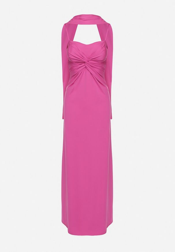 Born2be - Fuksjowa Taliowana Sukienka Ozdobiona Szalem i Marszczeniem Melovea. Okazja: na co dzień. Kolor: różowy. Materiał: skóra. Długość rękawa: na ramiączkach. Wzór: aplikacja. Styl: casual, elegancki